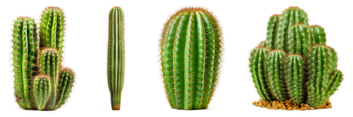 Set of different green cactus isolated on transparent background. Green cactus with spines grown at home. Concept of looking after cactus at home.