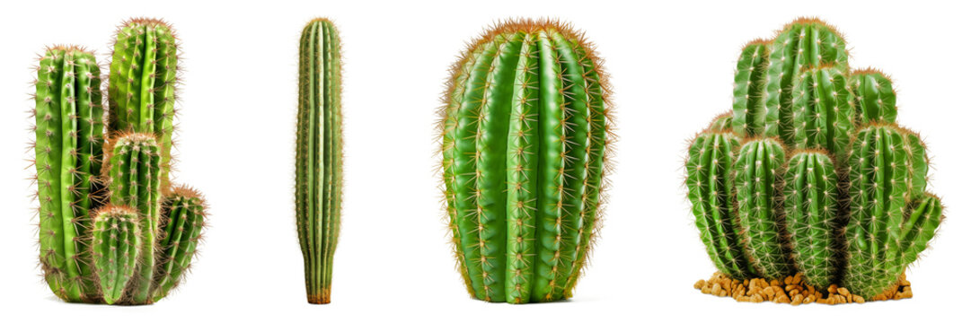 Set of different green cactus isolated on transparent background. Green cactus with spines grown at home. Concept of looking after cactus at home.