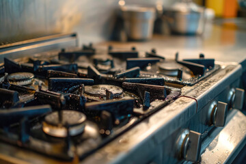 Close up of a gas stove in a kitchen. Selective focus.