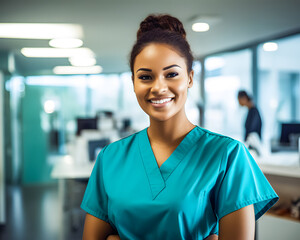 asian female nurse in hospital corridor, healthcare and medical concept