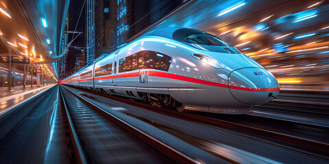 Fototapeta premium the new highspeed passenger train, modern High speed train in motion on the railway station at sunset