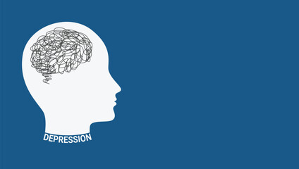 Silhouette of human head with tangled line inside. Mental health concept. Depression, bipolar disorder, obsessive compulsive, post traumatic stress disorder. Vector illustration.