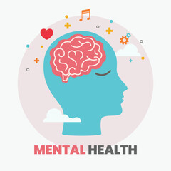 Mental Health Awareness concept vector illustration. Human abstract profile with Brain and heart. World mental health day