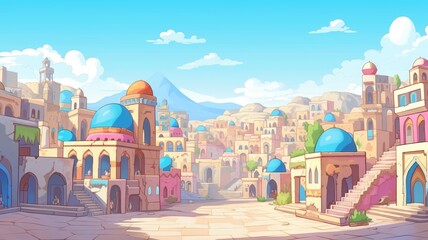 cartoon illustration Panorama of ancient arab city with houses and the Arab market. - 721193573