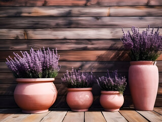Lavender flowers in vases on wooden table against color wall. Background with whitespace. Ai Generated