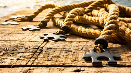 Conceptual Rope with Knot on Wooden Background, Symbolic Noose, Nautical and Marine Representation - obrazy, fototapety, plakaty