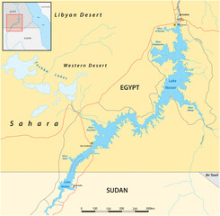 Vector map of Lake Nasser reservoir Egypt Sudan