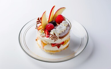 delicious sweet apple cake dessert with topping on white background, professional plating of luxury hotel food