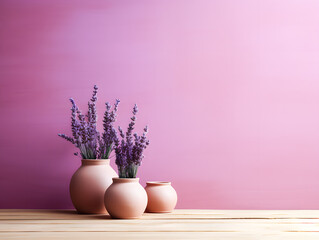 Lavender flowers in vases on wooden table against color wall. Background with whitespace. Ai...