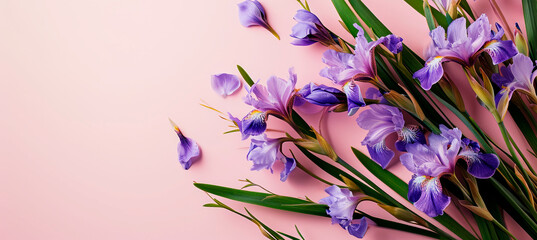 purple irises on a soft pink background with a space for text