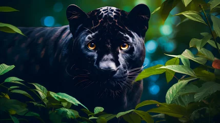 Rolgordijnen Black Panther Panthera Pardus in the forest background, black jaguar, jaguar panther wilderness nature © Iwankrwn