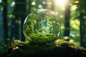 hand holding glass globe ball with tree growing.eco concept