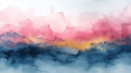 Stunning Watercolor Landscape: Pink Sky, Blue Mountains, Golden Horizon - Art for Home Decor and Relaxation