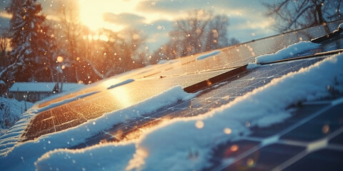 solar panels covered in snow at sunset or sunrise, winter forest
