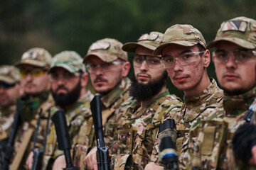 Soldier fighters standing together with guns. Group portrait of US army elite members, private...