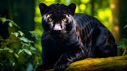 Black Panther Panthera Pardus in the forest background, black jaguar, jaguar panther wilderness nature