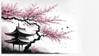 Whispers of Spring: Cherry Blossoms and the Pagoda's Shadow by using Asian ink wash painting style