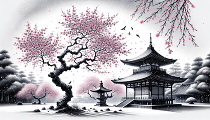 Obraz premium Whispers of Spring: Cherry Blossoms and the Pagoda's Shadow by using Asian ink wash painting style