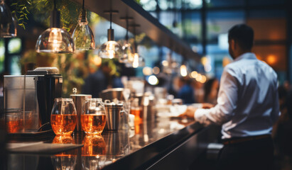 Catering service. Barman serving glasses with wine in restaurant
