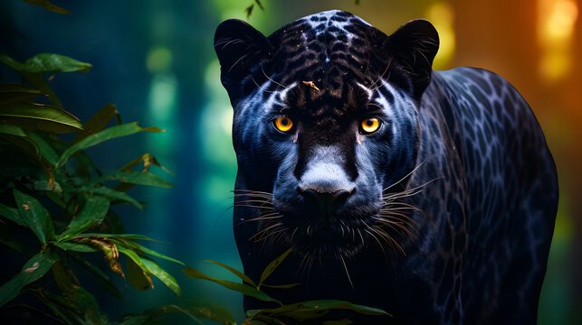 Black Panther Panthera Pardus in the forest background, black jaguar, jaguar panther wilderness nature