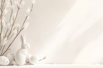 Easter background with eggs, bunny and willow branches on white wall