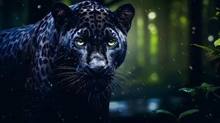Schilderijen op glas Black Panther Panthera Pardus in the forest background, black jaguar, jaguar panther wilderness nature © Iwankrwn