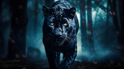 Black Panther Panthera Pardus in the forest background, black jaguar, jaguar panther wilderness nature - obrazy, fototapety, plakaty