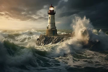 Fototapeten A lighthouse standing firm amidst stormy seas, a metaphor for reliability in turbulent times. Generative Ai. © Sebastian