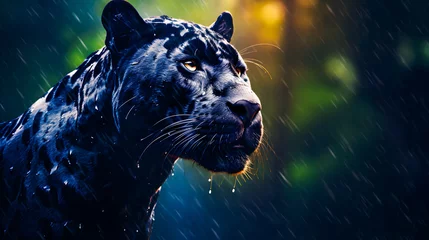 Foto auf Alu-Dibond Black Panther Panthera Pardus in the forest background, black jaguar, jaguar panther wilderness nature © Iwankrwn