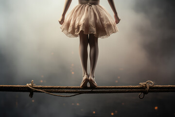 A pair of ballet shoes on a tightrope, illustrating the balance between risk and trust. Generative Ai.