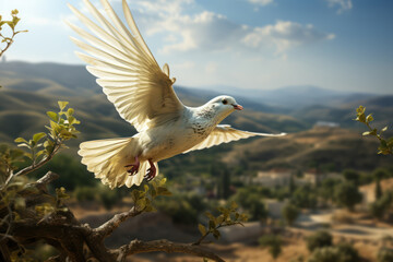 A dove carrying an olive branch over a digital landscape, symbolizing peace and reliability in the digital world. Generative Ai.