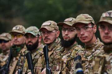 Soldier fighters standing together with guns. Group portrait of US army elite members, private...