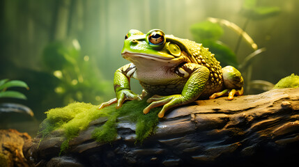 Obraz premium Frog sitting on a branch in the rainforest. Wildlife scene from nature. 3D rendering