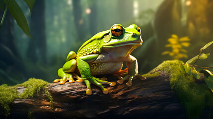 Frog sitting on a branch in the rainforest. Wildlife scene from nature. 3D rendering - obrazy, fototapety, plakaty