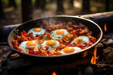 fresh scrambled eggs and bacon in a frying pan cooked over an open fire