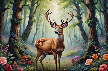 A noble deer in the woods in a flower meadow