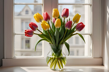 Bouquet of red and yellow flowers on the windowsill