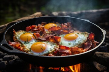 tourist breakfast - scrambled eggs and bacon cooked over an open fire