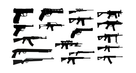 Firearms Silhouette. detailed silhouette pistols, revolvers, weapon, submachines, revolvers and shotguns. great set collection clip art Silhouette , Black vector illustration on white background. - obrazy, fototapety, plakaty
