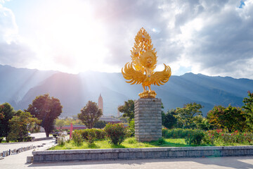 The gilded Dapeng at the entrance of the Three Pagodas of Chongsheng Temple, Dali City, Yunnan...