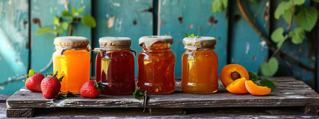 jars with jam and fresh fruits apricot and strawberry on wooden background. - obrazy, fototapety, plakaty