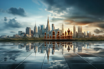 Obraz premium A chessboard with pieces forming a city skyline, depicting strategic planning and urban development. Concept of strategic creativity. Generative Ai.