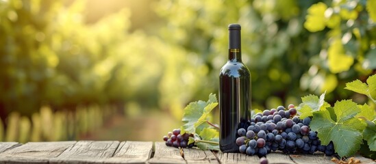 Fototapeta premium Vintage Wine Bottle and Grapes on Rustic Wooden Table in Outdoor Setting
