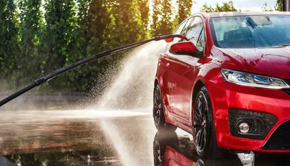  Side View of Red Luxury Car Undergoing High-Pressure Wash