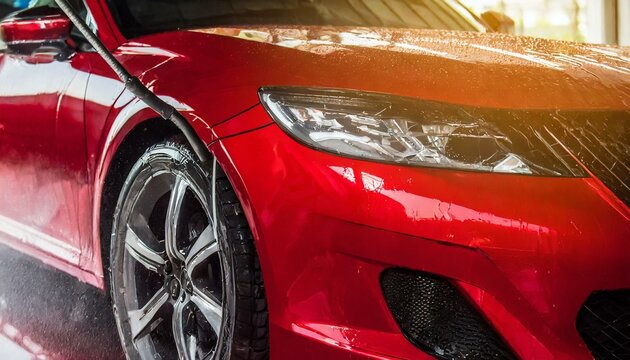 Close-Up of Red Luxury Sports Car Being Washed