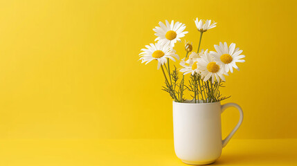 Beautiful simple bouquet of daisies in a white mug