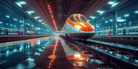 the new  highspeed passenger train, modern High speed train in motion on the railway station at sunset - obrazy, fototapety, plakaty