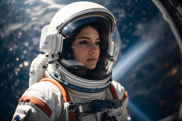 A female astronaut in space with a spacesuit
