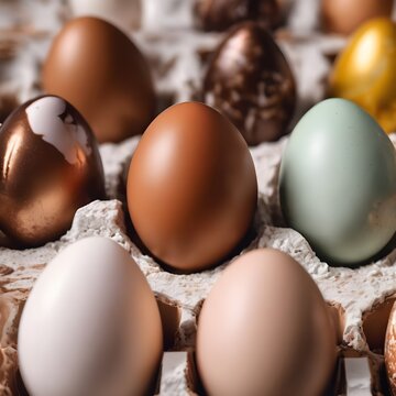 three chocolate eggs are lined up in the same row, one of them has a marbled egg shell 