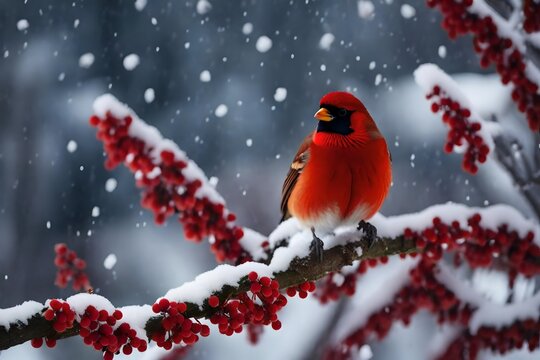 Red bird on a branch with snow 